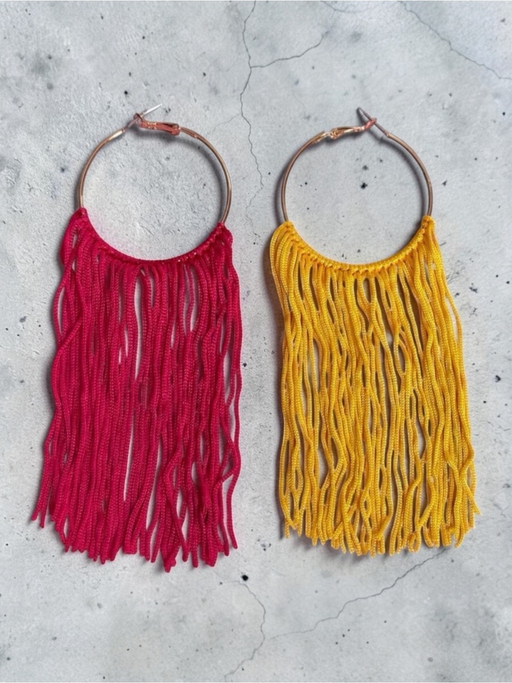 Fringe Hoop Earrings in Hot Pink and Yellow